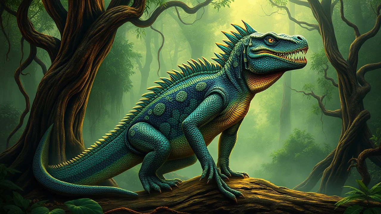 A majestic, glowing Komodo dragon, inspired by the intricate patterns of Indonesian batik, stands victoriously in a lush, misty Jurassic forest, surrounded by ancient tree trunks and twisting vines. The atmosphere is warm and humid, with a sense of primal power emanating from the dragon's majestic stance. Incorporating iridescent blues and emerald greens to evoke a sense of mysticism and wonder. Art style: Inspired by the vibrant colours and organic patterns of batik art, with hints of mystical