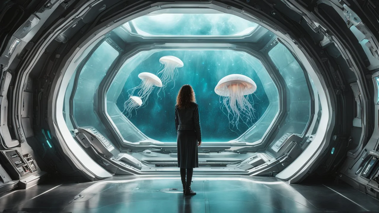 woman standing inside the interior of an alien spaceship, with a large window, with jellyfish outside