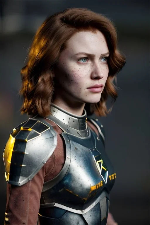 ultrarealistic, ruined city,__Rifts armor__, __angles__, 19 year old woman, strikingly beautiful, ginger hair, silver colour, [__starlets__|__starlets__], (pale __skincolor__ skin:1.2), __camera__, _hair_, detailed face and eyes, medium breasts, leather choker, freckles, dynamic pose, resolved expression, __accessory__, strappy outfit, (straps:1.1), sword in scabard on left hip, (buckles, buttons, snaps, rings:1.0), haltertop style breastplate, detailed eyes, plump lips, sci-fi theme