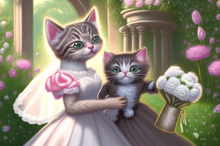 an anthropomorphic, kitten bride happily throwing a bouquet in a beautiful garden. The kitten has fluffy fur in shades of light brown and grey with distinct tabby markings on its face. Its large, expressive eyes are a deep emerald green and it has a small, pink nose. The kitten is wearing embroidered white lace bride dress, tulle, gemstones, pearls, adorning the hem and bodice. Behind her, a celebrating crowd, cats and people dressed in elegant clothes, wedding food and cake on the tables. Behin