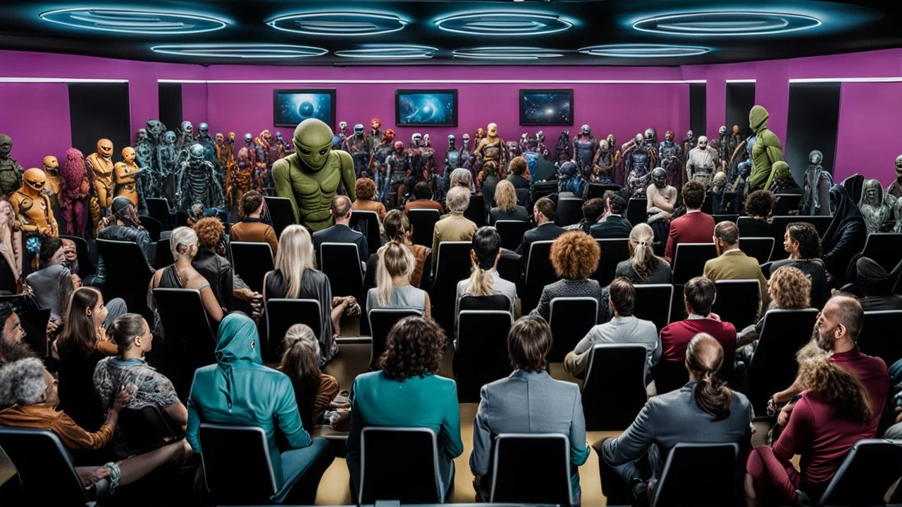 photo from the futuristic waiting room of a studio, a large crowd waits in a giant room. the aliens mutant humans, strange fantastical creatures, droids, and a few human-like beings of all sizes, colors, shaped and looks, stand in the crowd. high detalied, sharp focus, photorealistic, sci-fi style Professional photography, bokeh, natural lighting, canon lens, shot on dslr 64 megapixels , hd