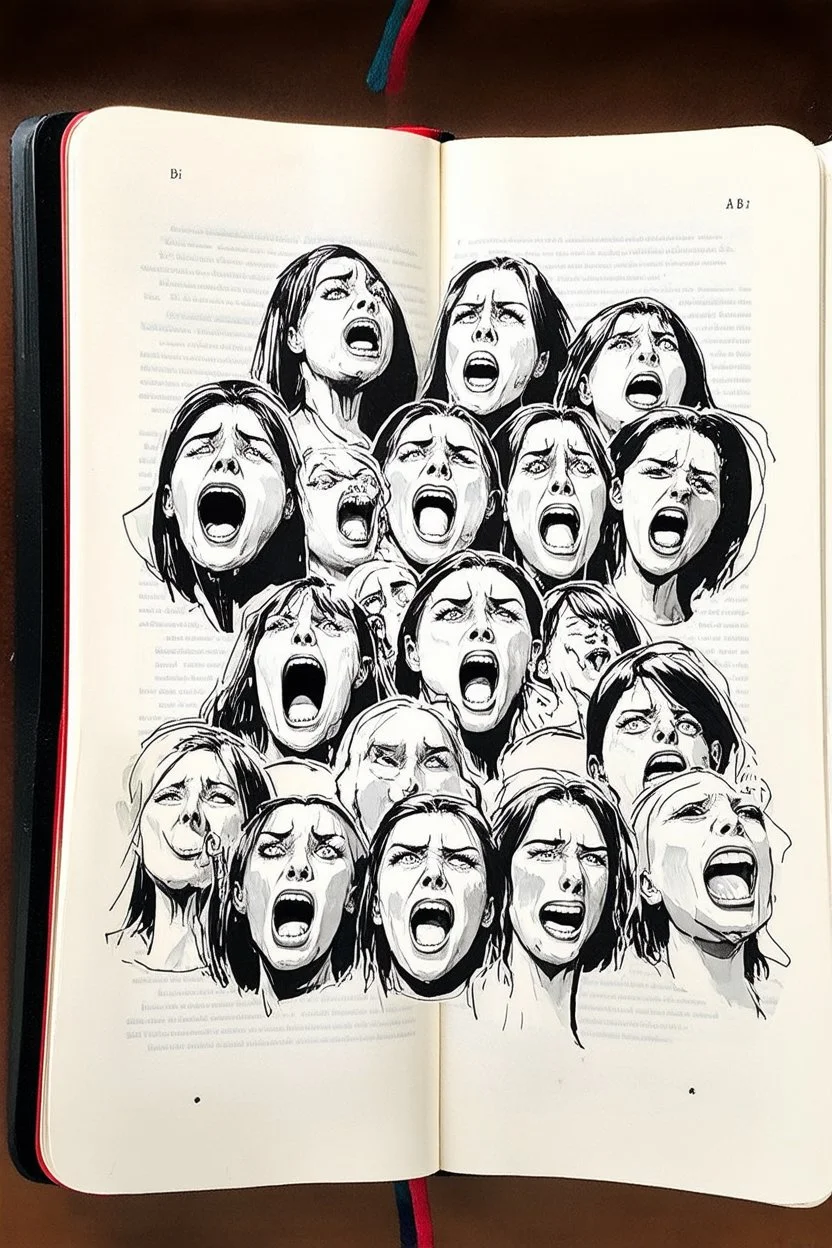 sketch line, rought, of 20faces on a pages, screaming and sad, demented, mad, journal