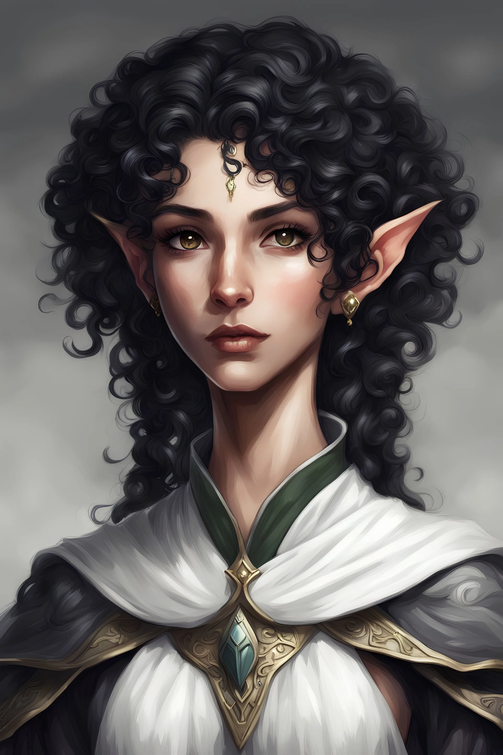 Female curly black hair elf, dark eyes, healer cleric, big nose