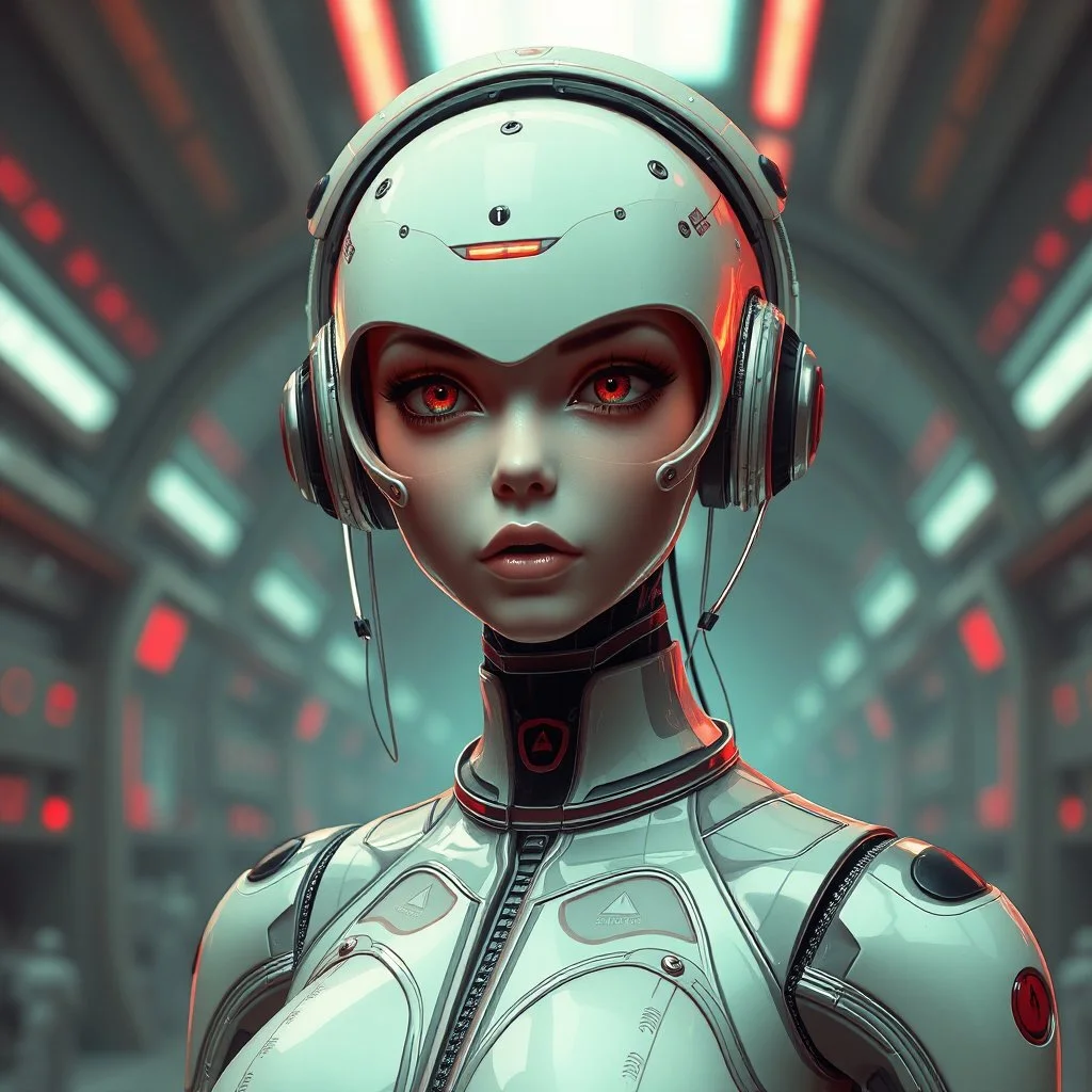 a retro-futuristic feminine android, space age, dystopia, stylised, digital art, 3d render