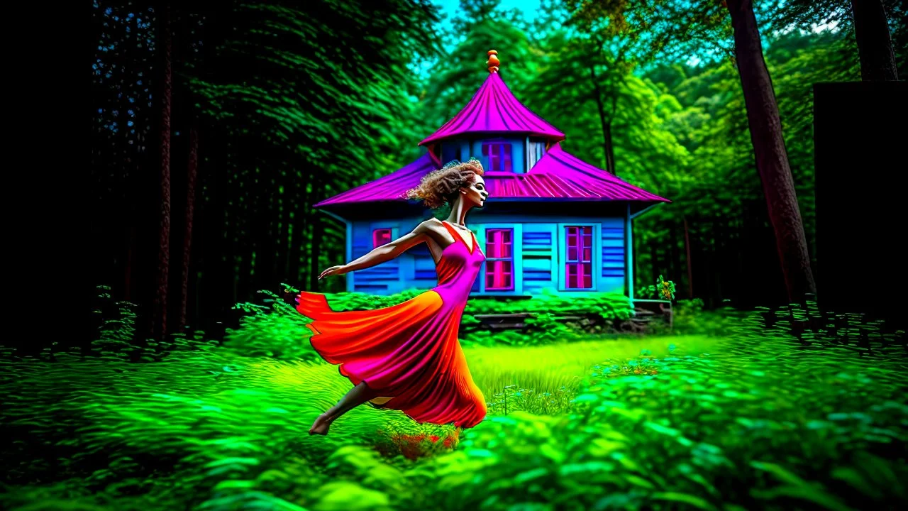 slim nymph dancing in a woodland clearing, with a woodland house behind her. vibrant colour