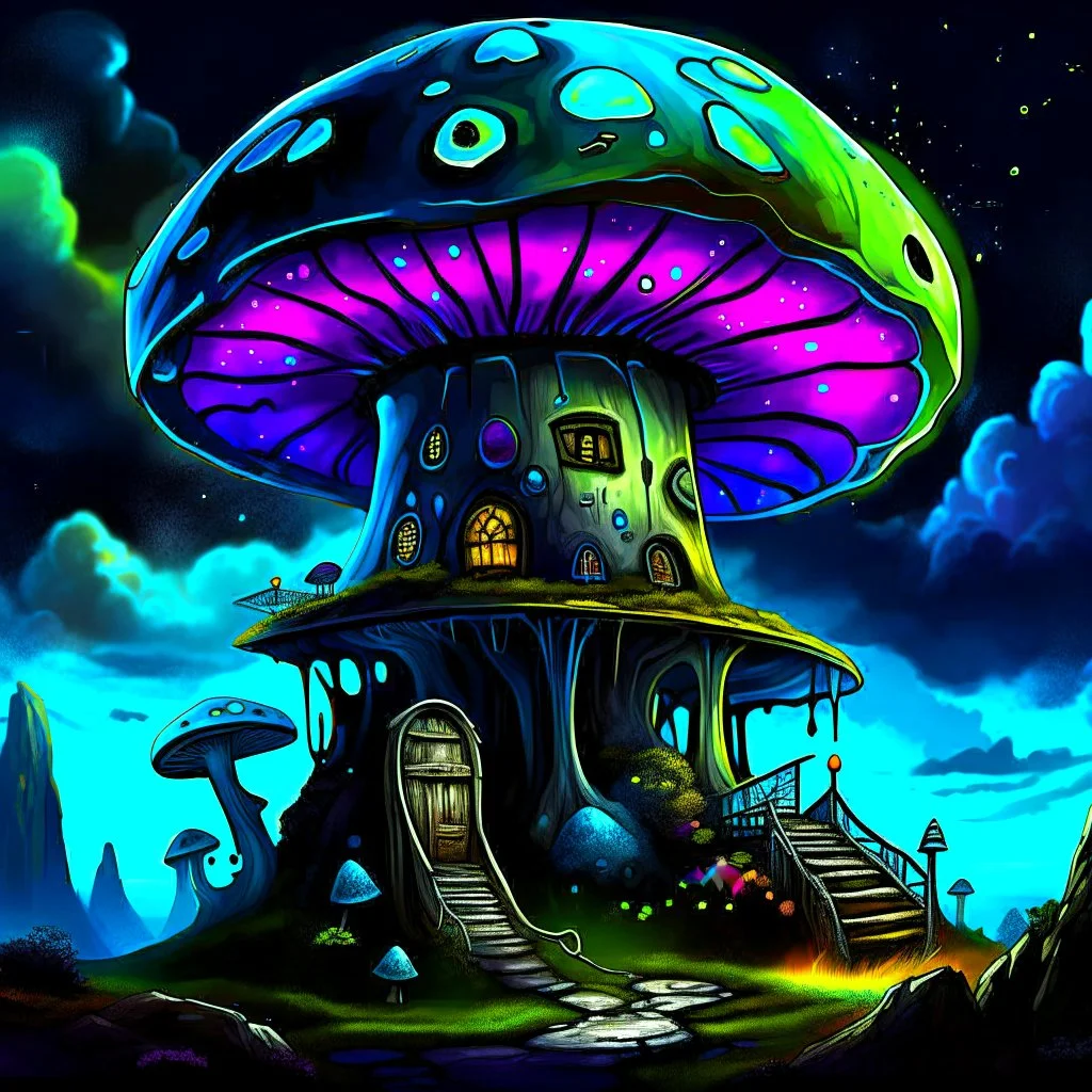 A fantabulous black, blue and green (((mushroom tower house))) erected atop a (geologic pillar), surrounded by the uncanny imaginative ((( swirling skies))), offset by the stark hues of a (neon-tinged nebulous space scape), within. captured by the hand a skilled master painter with a focus on (softly blurred compositions and voluminous lighting).