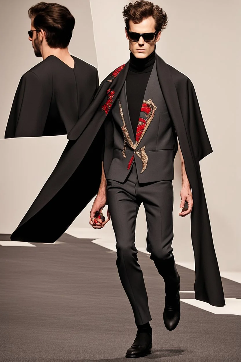 a men winter fashion runway with modern clothes inspired by Superman style, embroidery elegant fashion black tones