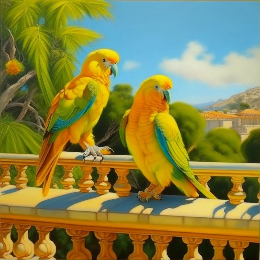 Neoclassicism realistic yellow orange cote d'azur parakeets landscape sea