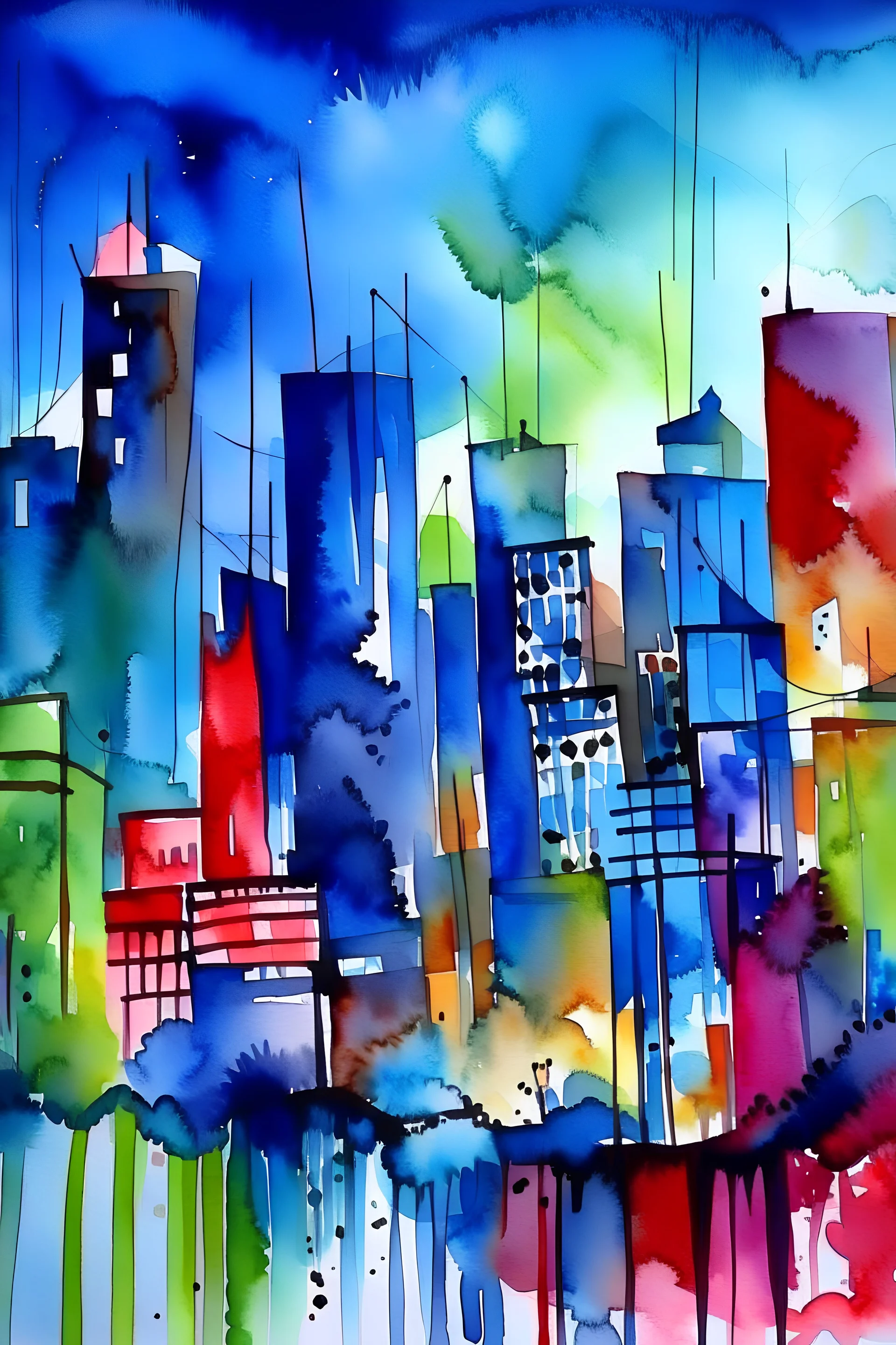 Watercolor, abstract, impressionist, not much detail patterns: Delight in the energy of a city skyline at night, with abstract forms capturing the dynamic and vibrant nature of urban life in a captivating composition.
