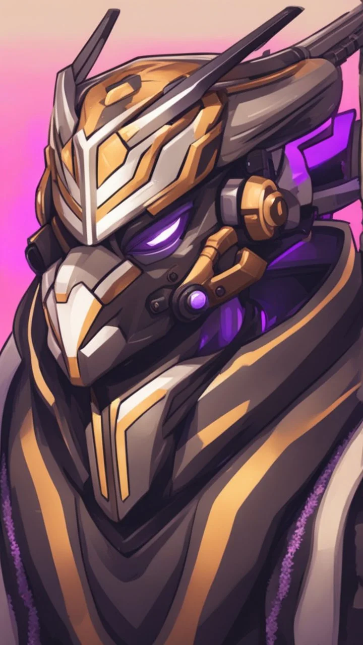 A close picture to Ramattra nemesis form as tank with Arab clothes in overwatch art style with black color and neon purple details in Desert