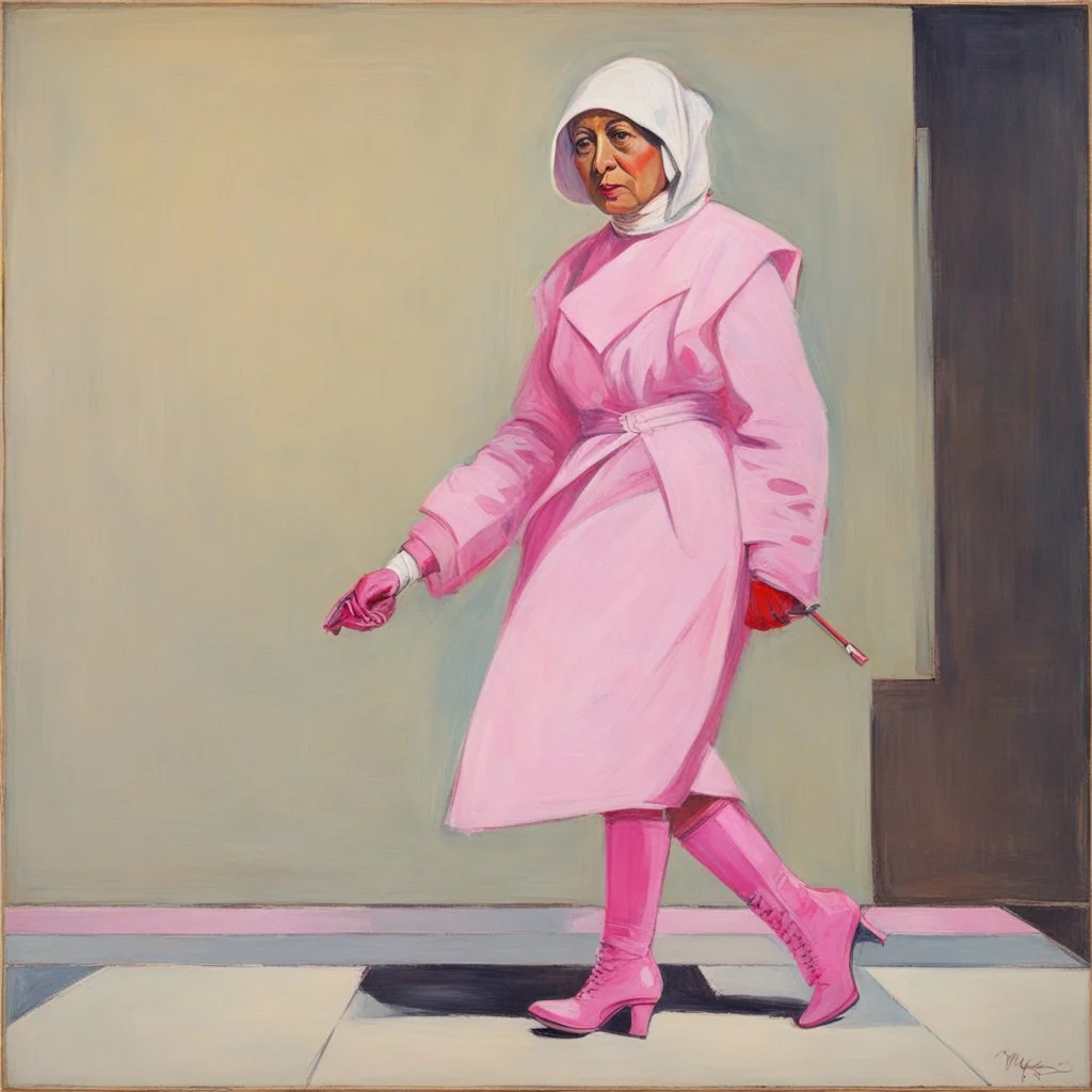 [Kupka] Mother Theresa in a pink battlesuit pink gloves and pink high heel boots. The Ministry of Silly Walks.