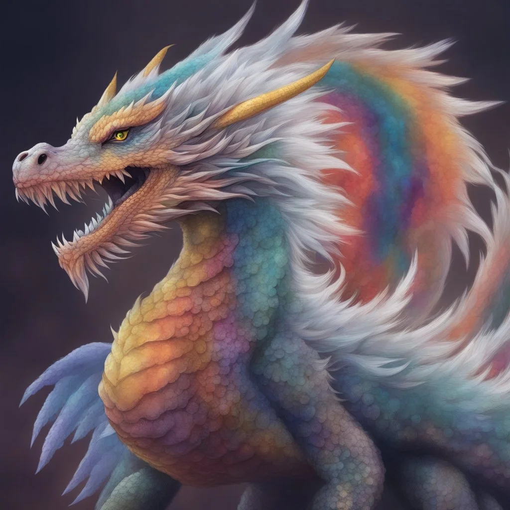 a colorful dragon with curly white fur, smokey breath, claws