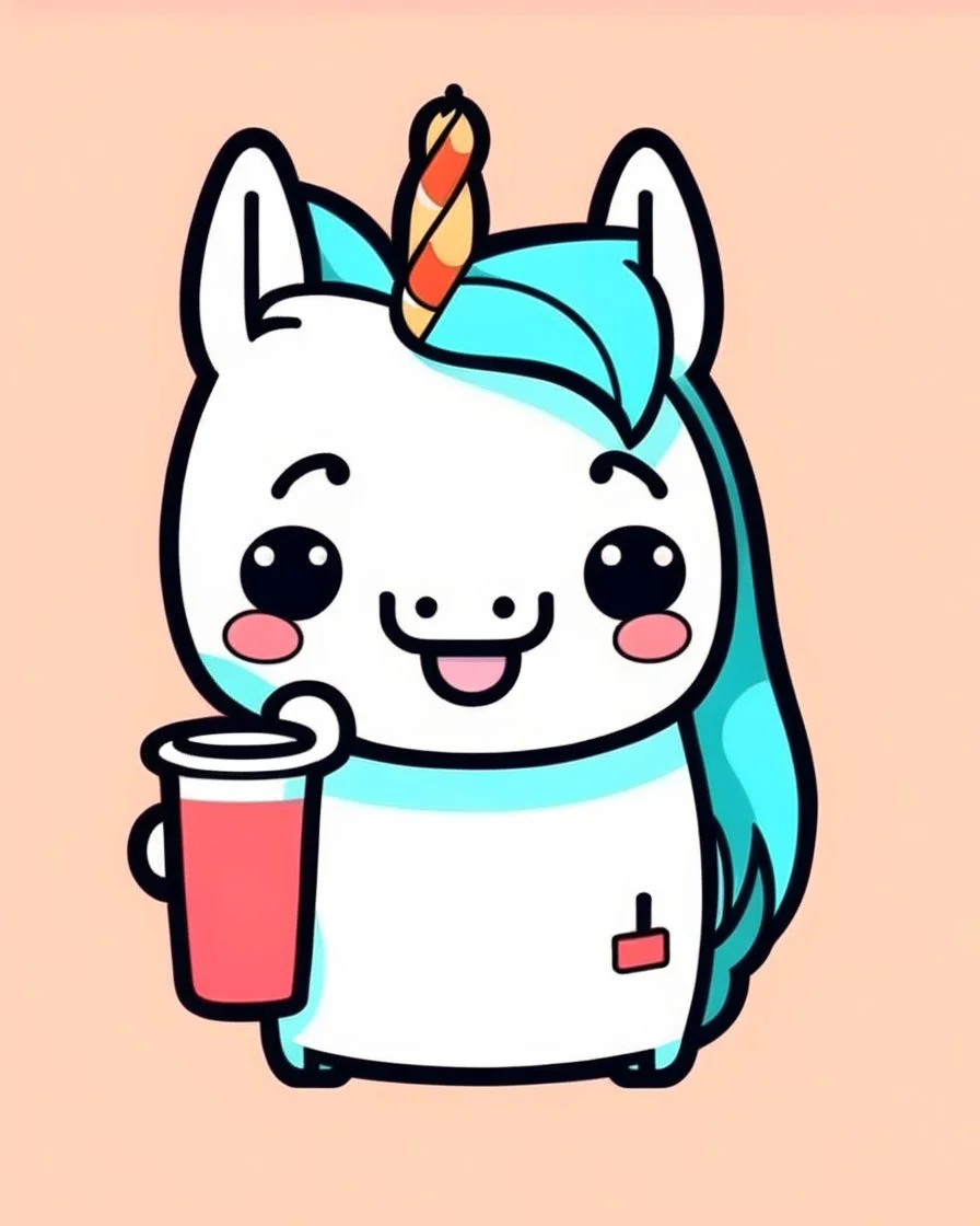 create a 2d outline, minimalist kawaii unicorn smiling and holding happy cup of coffee, high quality, colorful,colors,