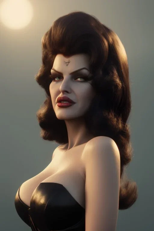 Rita Hayworth as evil queen in black leather, busty, cleavage, curvy, angry, stern look. character design by cory loftis, fenghua zhong, ryohei hase, ismail inceoglu and ruan jia. unreal engine 5, artistic lighting, highly detailed, photorealistic, fantasy