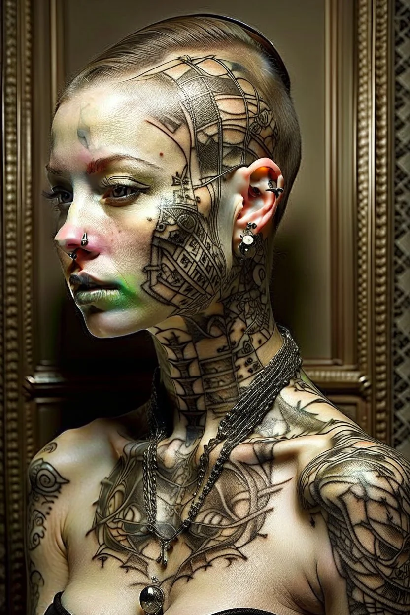 MJ Prompt: a bald white girl with facial tattoos sitting in front of something metal, facial tattoos, in the style of surrealist automatons, peter lippmann, mechanical designs, symmetrical arrangement, kadir nelson, olivier valsecchi, intricate still lifes --ar 4:5