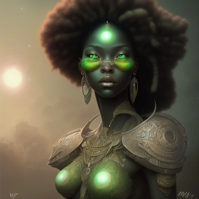 sango fantasy, fantasy magic, intricate, sharp focus, illustration, highly detailed, digital painting, concept art, matte, masterpiece head sexy view black African beauty black afro hair space lady green carp skin African space night