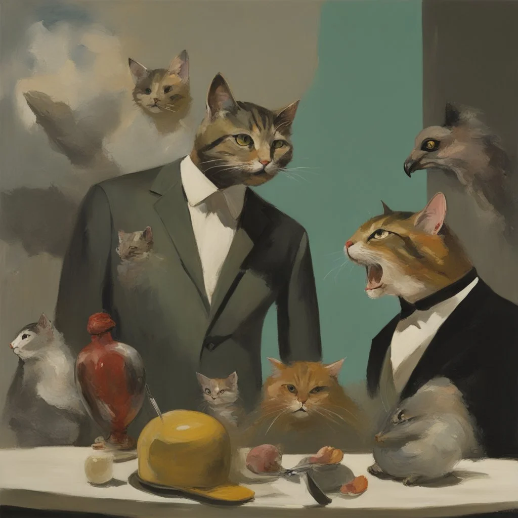 UN conference,a cat and human flesh-like surgical instruments and universe-like a pigeon and neuralink, surrealism,minimalism,Painting By Adrian Ghenie, Rene Magritte, Salvador Dali, Lucian Freud