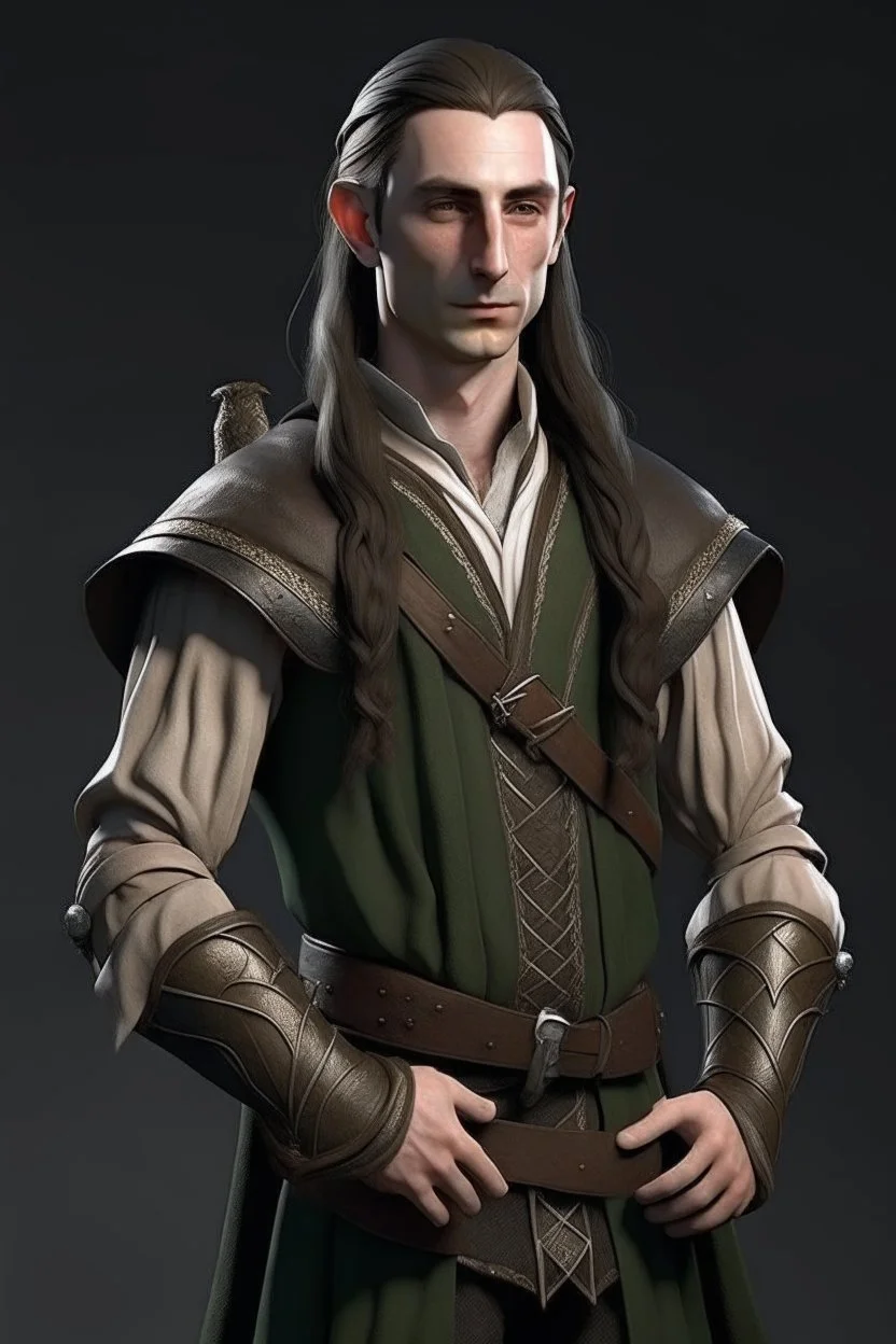 beautiful male on his thirties high elf ranger wearing medieval clothes with hands behind his back