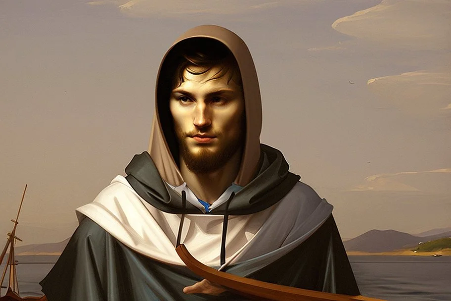 Modern man in a boat wearing hoodie by Andrea del Sarto