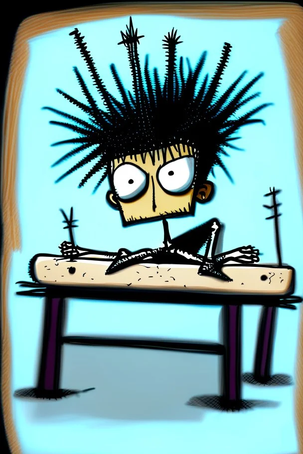 2d drawing of a stickman, cool with punk hair, x eyes like in hangman, laying down flat on somach on massage table,3d realistic in colour