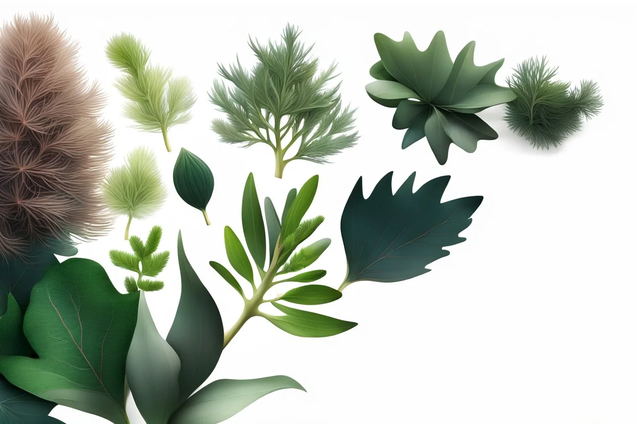 photorealistic abstract herbs, leaves of pinus sibirica gum and brassica napus on a white background