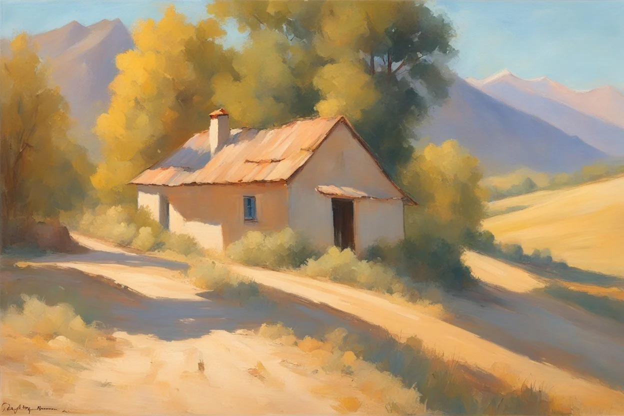 sunny day, mountains, trees, dirt road, countryside, nostalgy influence, adobe house, henry luyten and ludwig dettman impressionism paintings