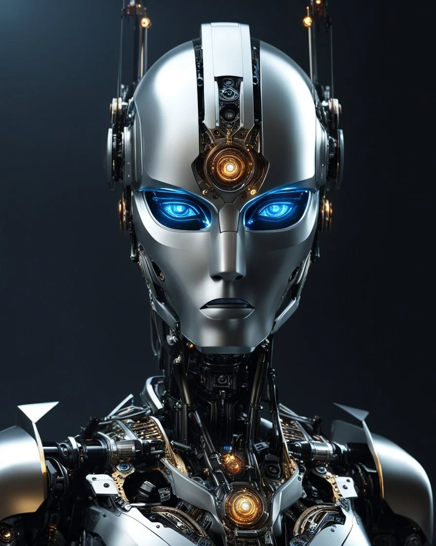 Create an image that is more interesting and cool than the current one, featuring a highly detailed and advanced robotic head with glowing elements, intricate mechanical details, and a sleek futuristic design. The robot should have an imposing presence and be set against a dark background to highlight its features.