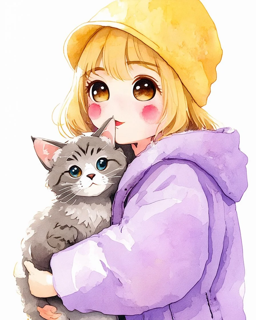 "A tender watercolor child illustration depicting a girl with large expressive eyes and rosy cheeks, sweetly hugging her cat." The girl wears a jacket of a transparent, light and ethereal purple tone, which gently lets the shadows of her silhouette penetrate. Above her head she wears a pale yellow wool cap, with a subtly hazy color that melts with the ambient light. Her hair is blond and uncombed, with highlights peeking out from under her cap. The cat, of soft fur in shades of gray and white, h