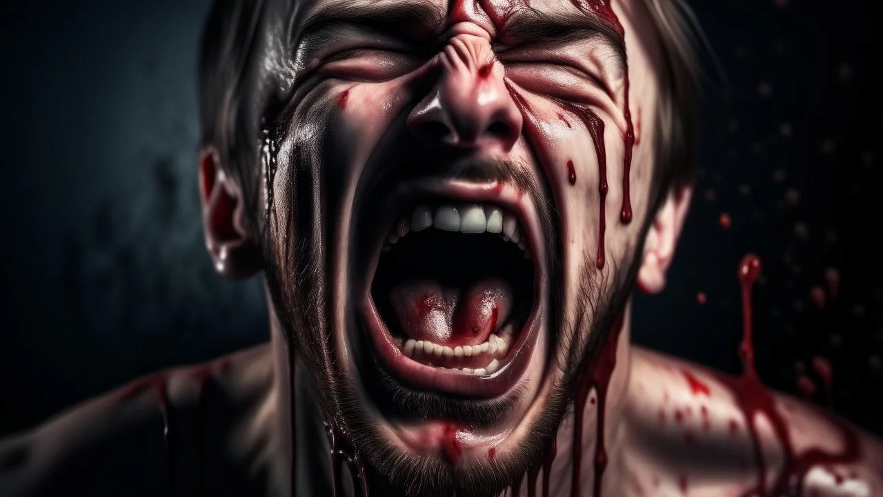 شخص يصارخ ويعاني وواضح عليه انو بدو يموت ويخرج منو دم