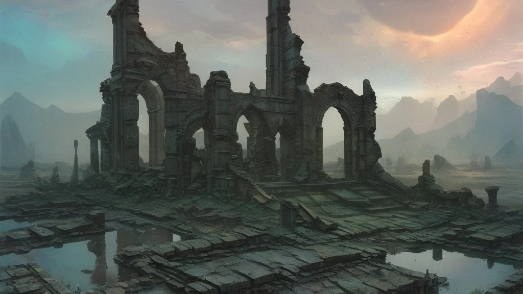 Destroyed City, medieval ruins, debris, stone, breched, brocken, Perspektiv from the sky, by Jean-Baptiste Monge, Ivan Bilibin, Albert Bierstadt, Reza Badrossama, watercolor ink, pencil sketch, splash art, intricate details, fantasy, beautiful, oil on canvas, award winning, imperial colours, fantastic view, radient colours, very attractive, crisp quality
