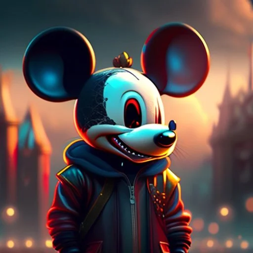 zombie mickey mouse hybrid, photorealism, movie screen capture, horror, sci-fi, retrofuturism,