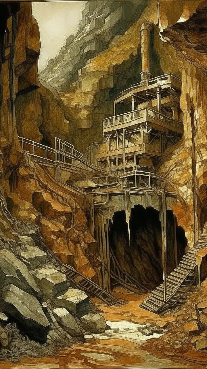A brown underground mine in a mountain painted by Antoni Gaudi