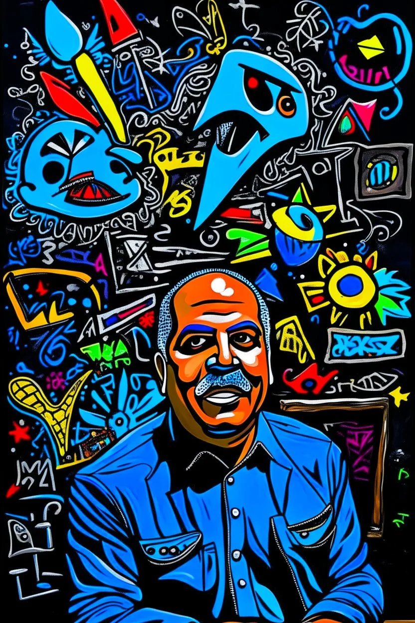 expressionism, Pixar style, in abstract art Basquiat, Picasso, Miro, Kandinsky, Klee, Birell, Fairey, Ardon, Buffet and Picasso style, HD --s 750 --v 5.1 --style raw, Acrylic colors black background