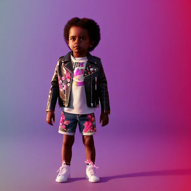 Zaire beetz toddler, full body, leather jacket, floral shirt, floral skirt, Nike sneaker, soft skin, city background, dramatic lighting, hyper realistic