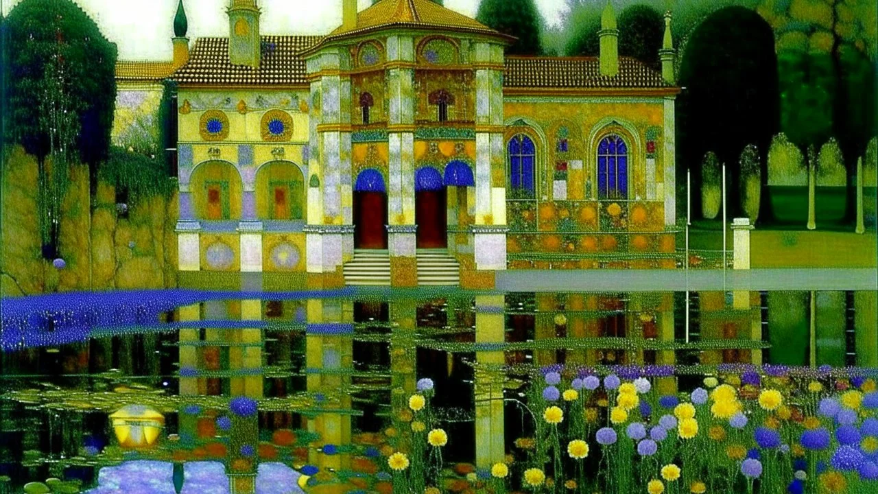 A violet mad doctor's chateau with a toxic moat painted by Gustav Klimt