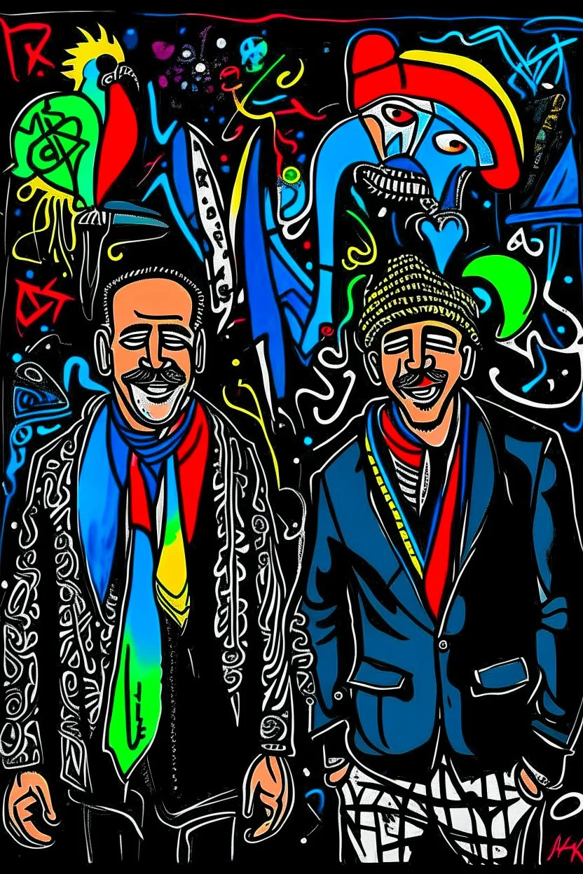 expressionism, Pixar style, in abstract art Basquiat, Picasso, Miro, Kandinsky, Klee, Birell, Fairey, Ardon, Buffet and Picasso style, HD --s 750 --v 5.1 --style raw, water color, black background