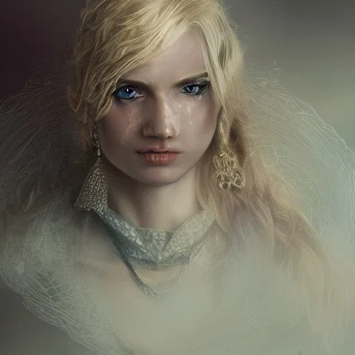 best quality, realistic lighting, masterpiece portrait of psychopath Cinderella, details, blonde hair, emerald eyes, light dusting of freckles, cowboy shot from above, simple chain hauberk, warhammerVector art matte painting digital illustration 3D shading CryEngine Behance HD 3Delight