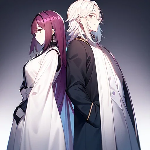 anime couple. couple is wearing black n white.couple standing with their backs towards each other.background is pink and blue.