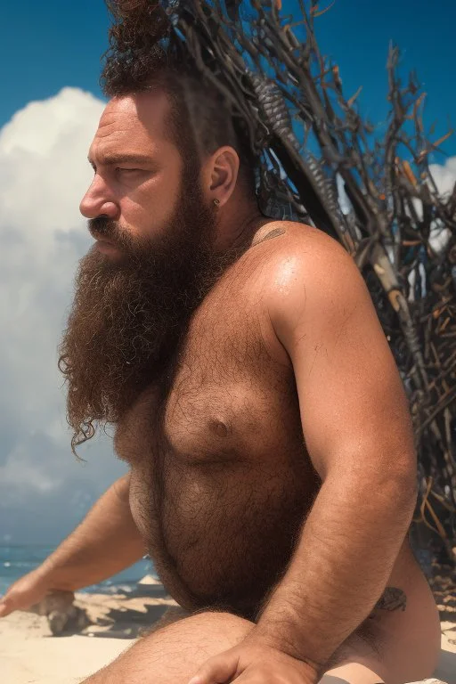 photography of a sicilian baywatcher burly sweat chubby 44 years old , swimwear, manly chest ,tattoo, curly hairs, long beard, relaxing on a beach at midnight , illuminated by bonfire, photorealistic, 8k, Canon EOS, 35mm lens, , unreal engine, greg rutkowski, loish, rhads, beeple, makoto shinkai and lois van baarle, ilya kuvshinov, rossdraws, tom bagshaw, alphonse mucha, global illumination, detailed and intricate environment