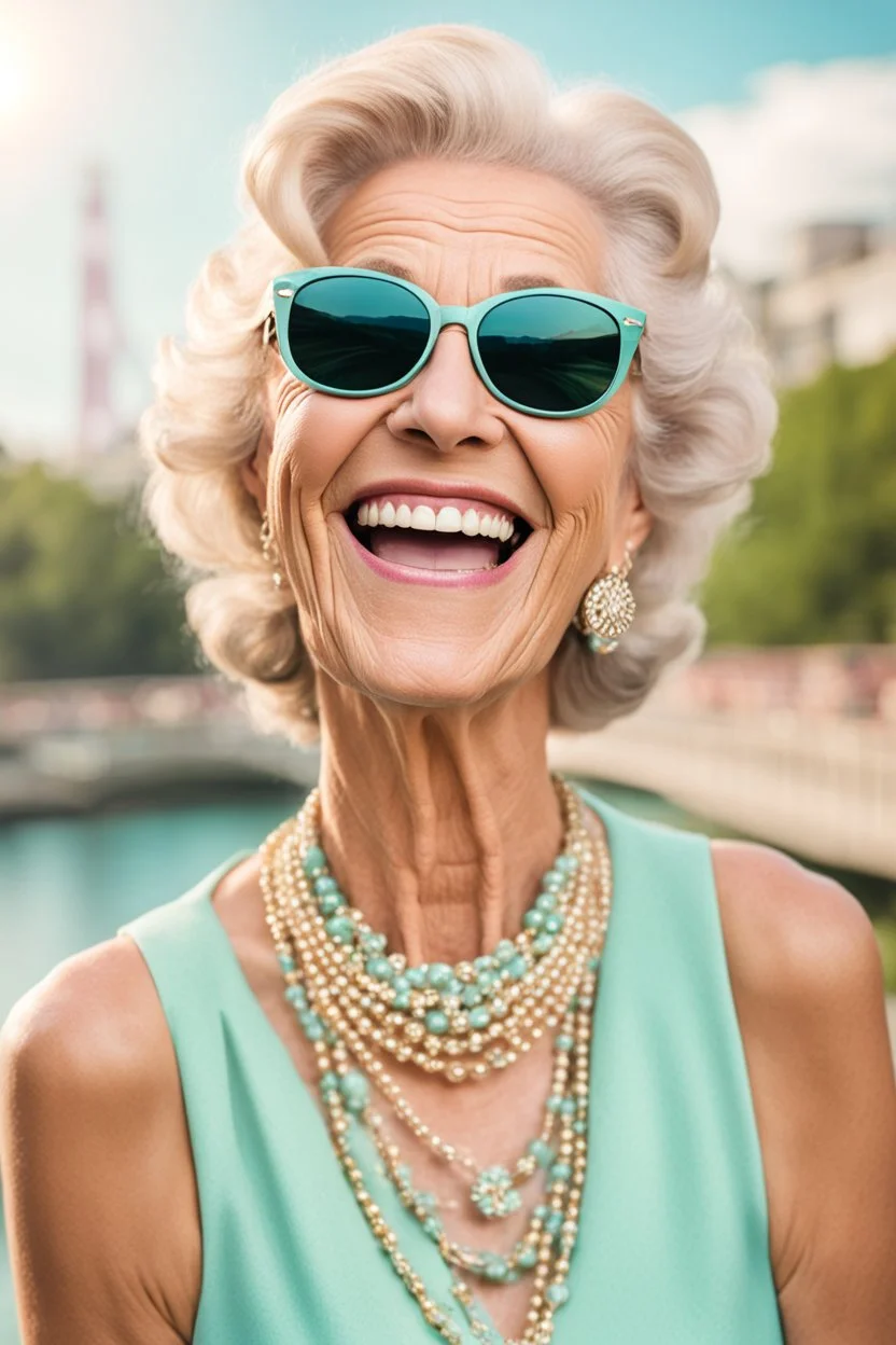 an happy older woman wearing sunglasses, vintage pastel outfit, and a necklace. She has a wide smile on her face and is laughing, in background blur bridge, natural light , high detailed, sharp focus, photorealistic, happy mood