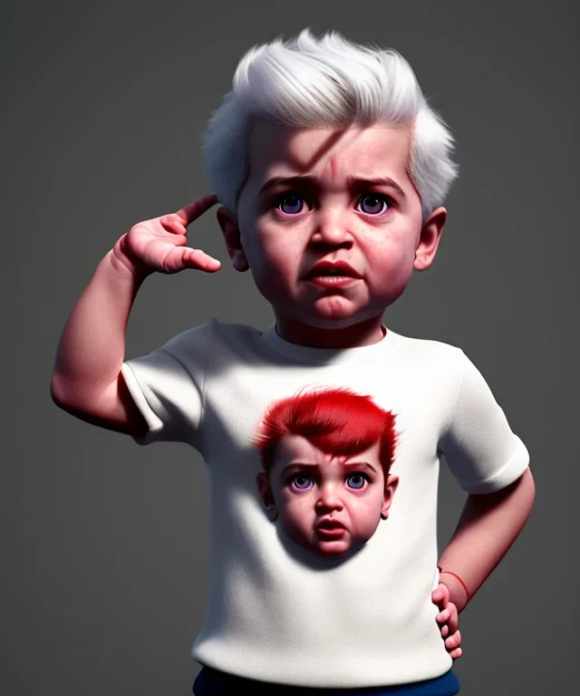 Pedro almodovar toddler, full body, white hair, diagonal shirt, dramatic lighting, hyper realistic