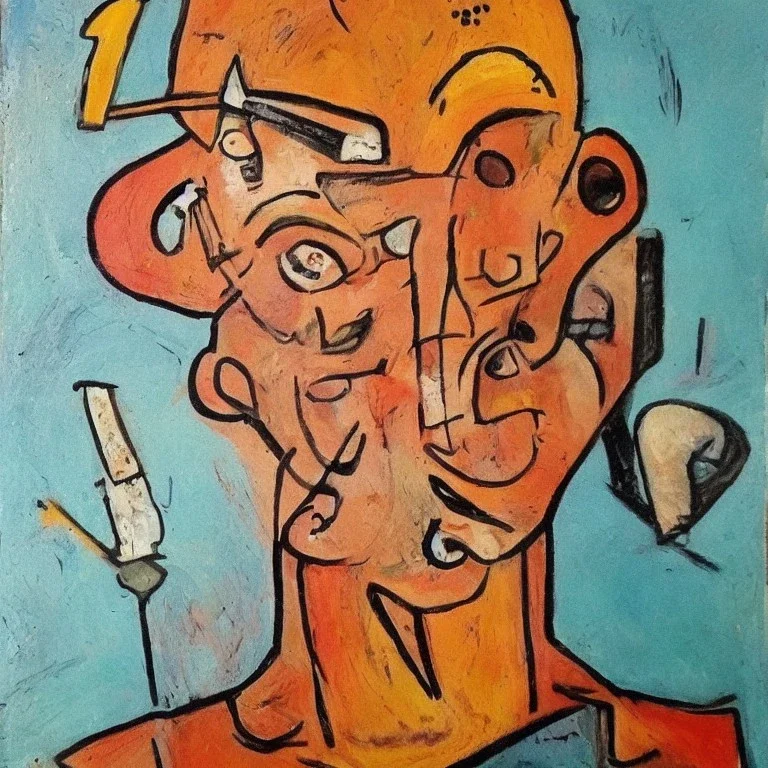 picaso style, 2m human with axe in head