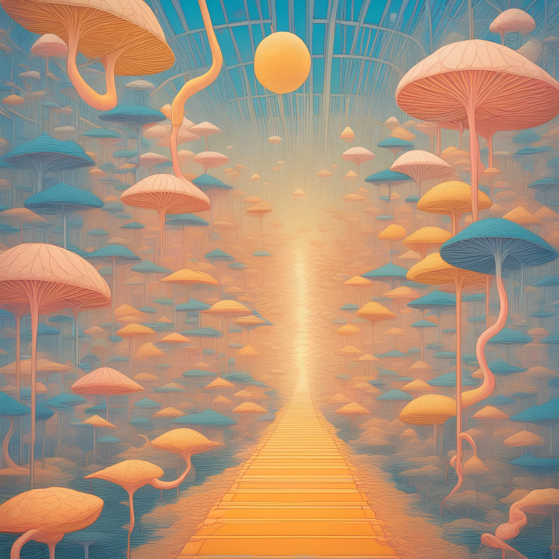 a network of neural roads, kaleidoscope style, very sharp and intricate detail, malibu blue, neon orange, lemon yellow, flamingo pink, by Jacek Yerka, Ross Tran, Daniela Uhlig, Del Kathryn Barton, Audrey Kawasaki, Victo Ngai,