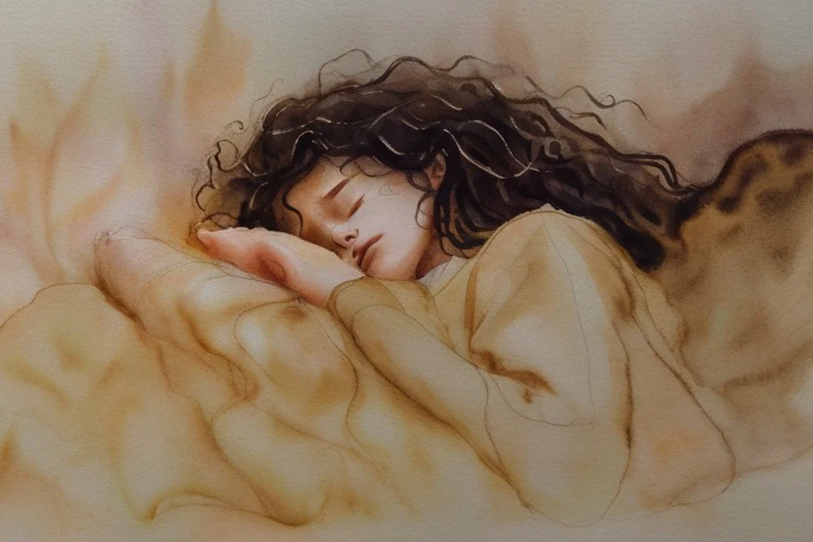 Small girl with long curly brown hair sleeping in god's hand (a big, clear hand) watercolor and ink, golden patina, glitters in ochre, backlit, mist and fog