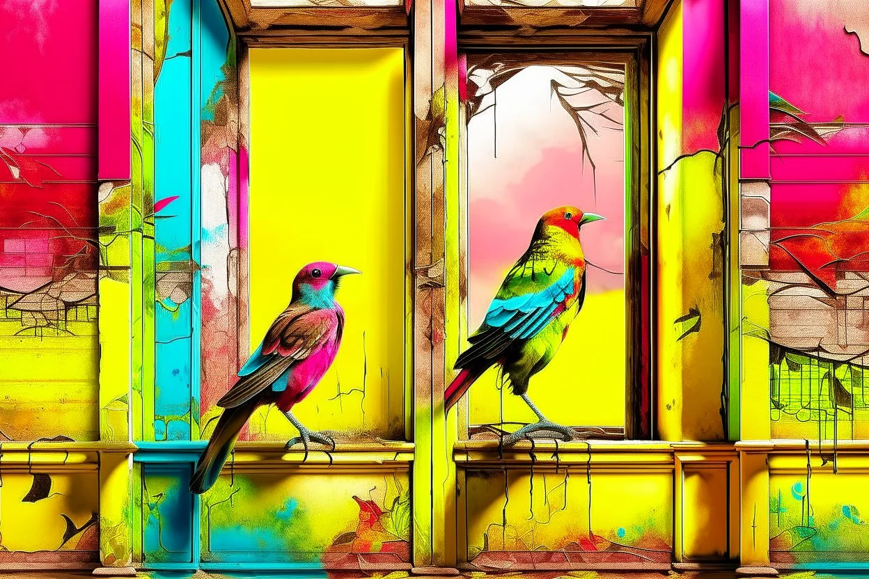 there are two birds sitting on a ledge next to a window, colorful mural on chipped walls, by Saurabh Jethani, photomanipulation, pink and yellow, by Liza Donnelly, diptych, eye catching composition, open window, open door, double exposure, double entendre, dramatic, dynamic, whizz dynamics, liminal vibe, amazing reflections, great contrasts, excellent verticals, perfect parallels, orange tint, socinlars vibe
