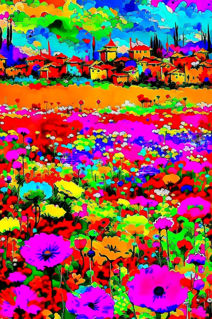 A field of colorful flower, the return to innocence, abstract, weird, childlike, chaos80, colors splash, Italian village
