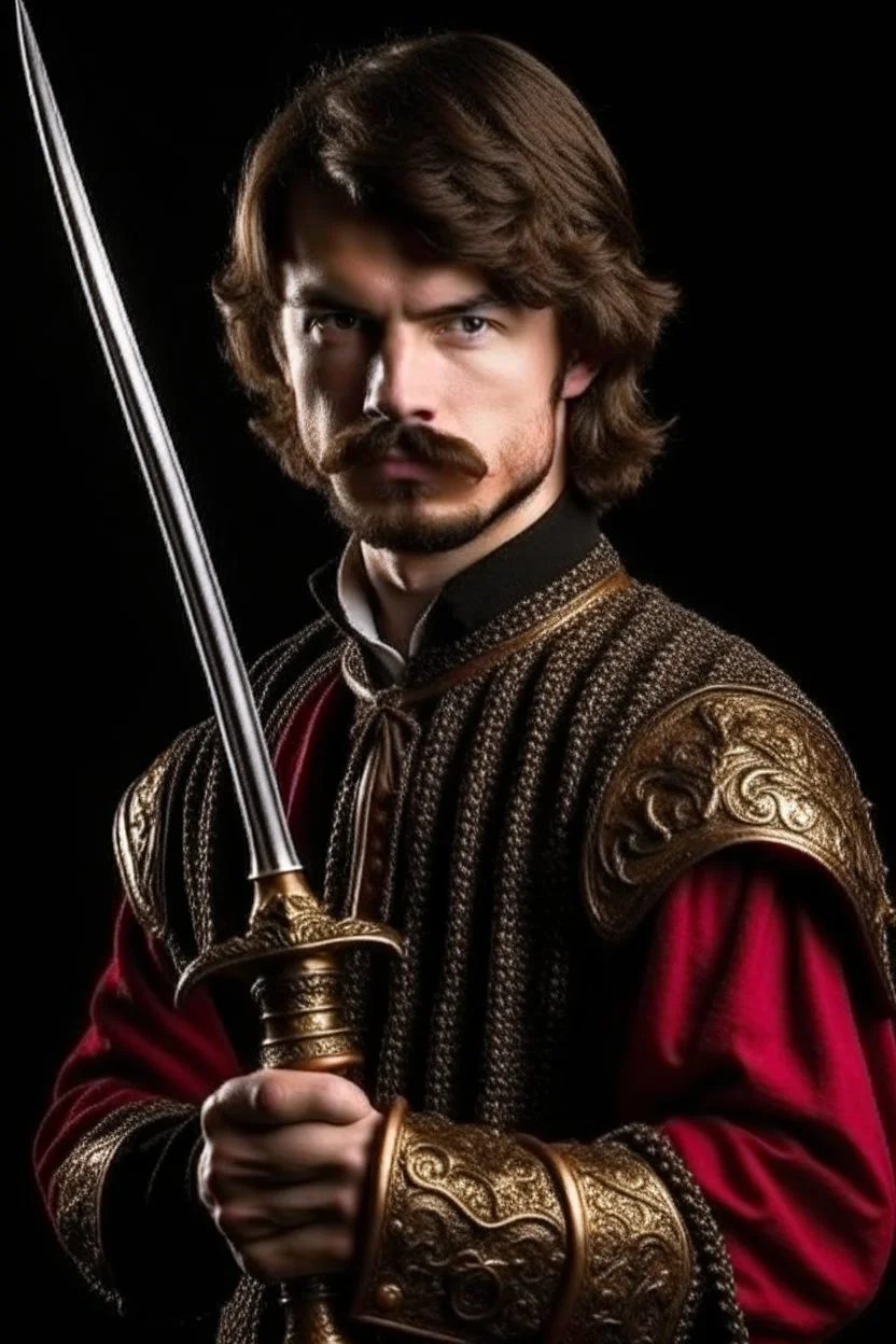 young european brown hair adult royal guard swordsman with rapier