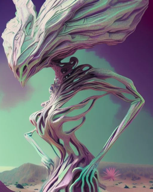 an ethereal and pastel alien creature, with shifting limbs and slender composition, is climbing through a strange wild landscape , highly polished, chrome airbrush style, dreamlike composition, color penciling color palette, surrealistic retro-futurism, rotoscoping, psychedelic aesthetic, metaphysical, highly detailed, arthur lismet, artstation, 1960s psychedelic drawing with art nouveau motifs, munch, vibrant, extra terrestrials art, vintage , anime