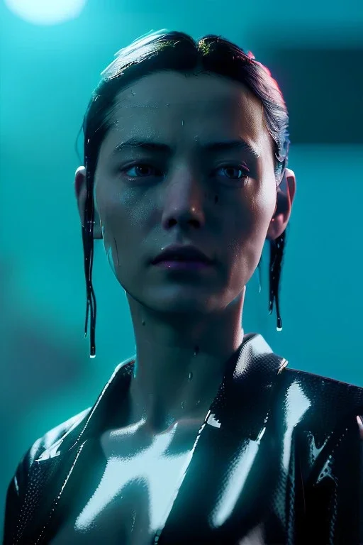 Ultra Realistic image, 25 years old brunette woman, portrait, small stature, small chest, yakuza full body tattoo, transparent latex coat, rain, fog, hot, dark, leds, neon, cyberpunk, vibrant color, highly detailed, art stations, concept art, smooth, unreal engine 5, god rays, ray tracing, RTX, lumen lighting, ultra detail, volumetric lighting.