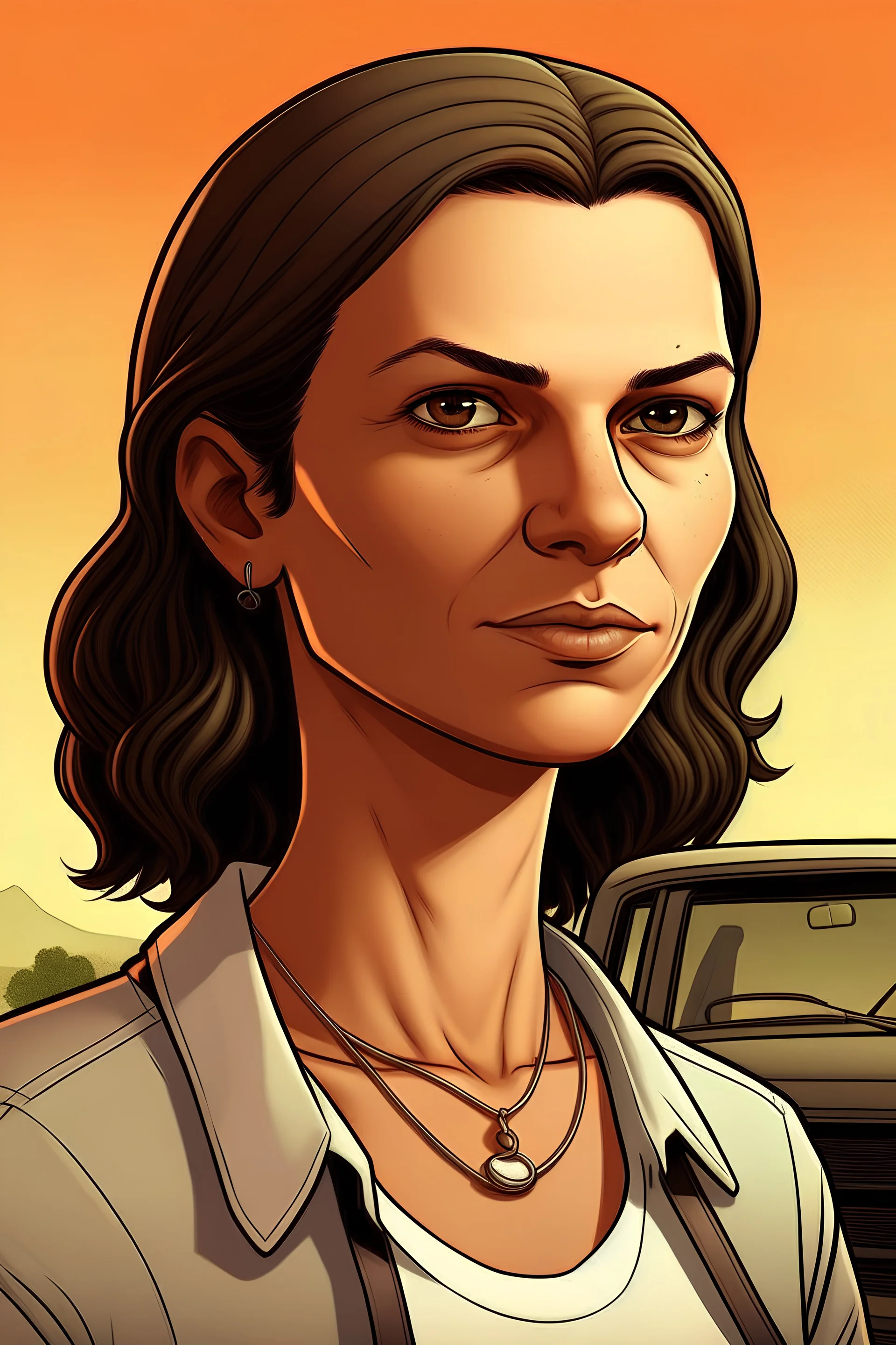 A portrait of Annalena Baerbock, in Gta San Andreas loadingscreen Style